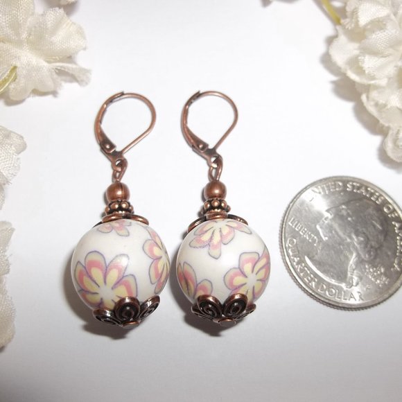 Cream and Copper Earrings Flower Boho Style Dangle Gift Idea for Her Big 6706 - Picture 2 of 6